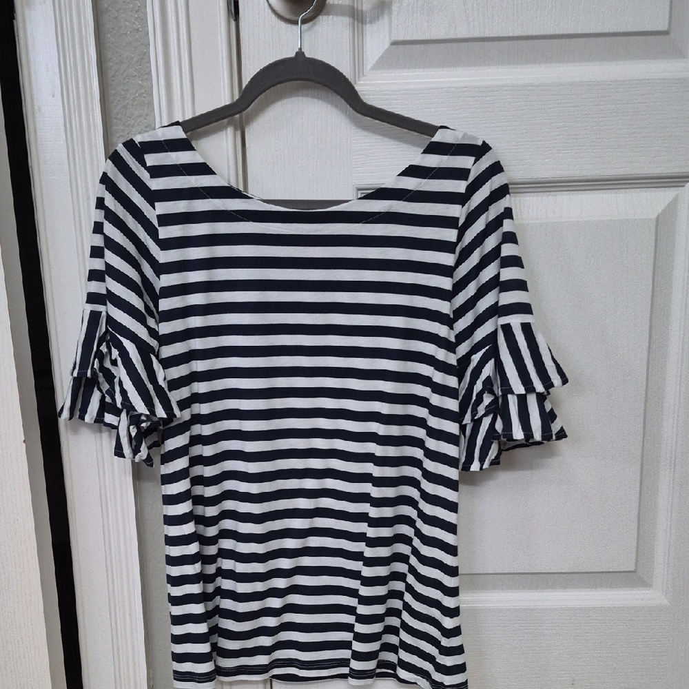 Lilly Pulitzer Navy and White Striped Ruffle Sleeve Top